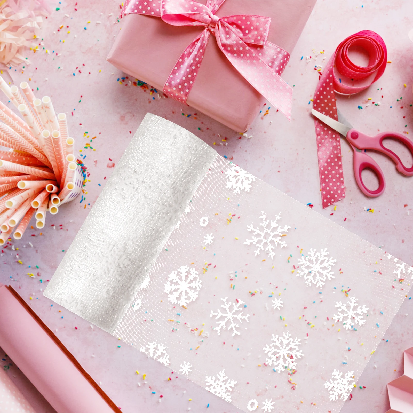 

2pcs Snowflake Tulle Rolls Sheer Glitter Fabric Ribbon Wedding Christmas Decoration Crafts Gift Packaging Hair Bows Party