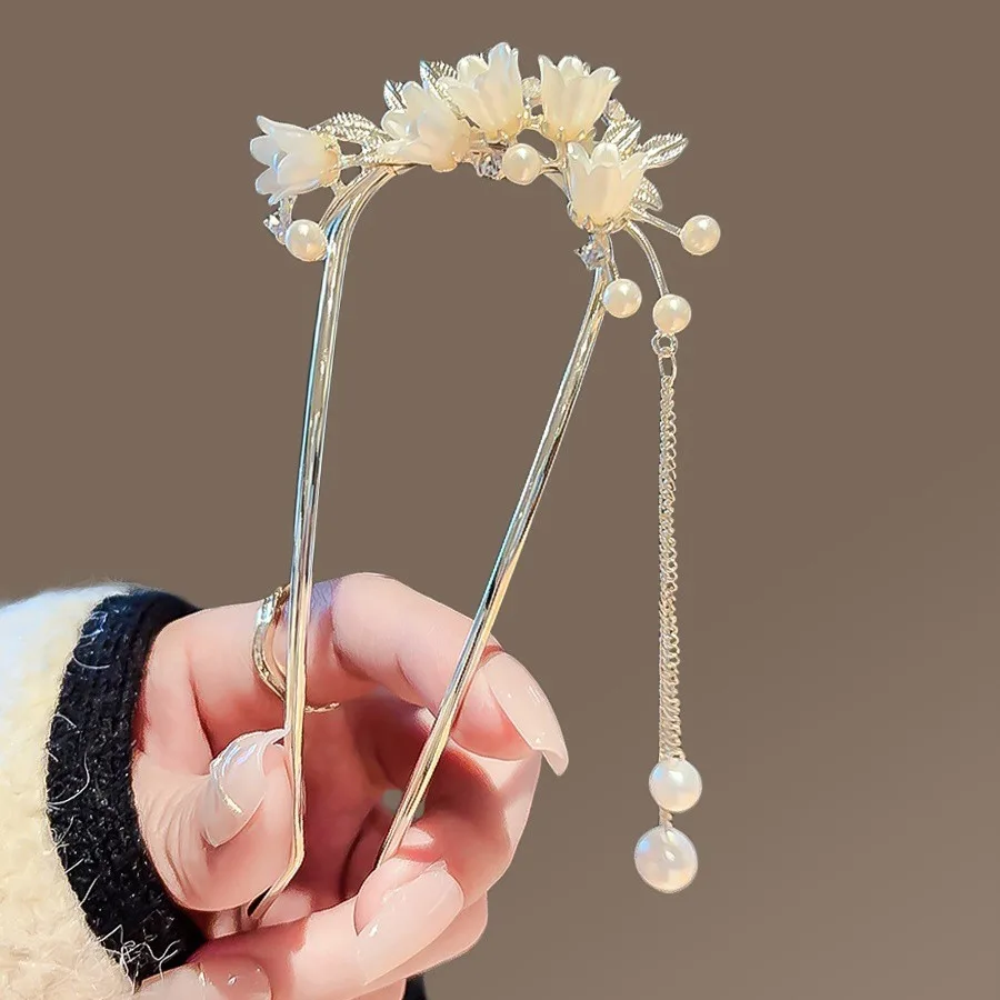 Super Fairy Orchid Pearl Tassel U-shaped Hairpin for Women Chinese Ancient Style Alloy Clasp Elegant Hanfu Headwear