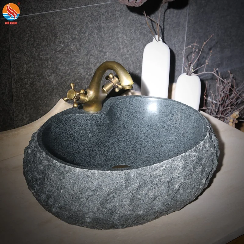 Natural Hot Sale Popular Classic Grey Oval Granite Double Outdoor Stone Bathroom Vanity Kitchen Solid Surface Stone Vessel Sink