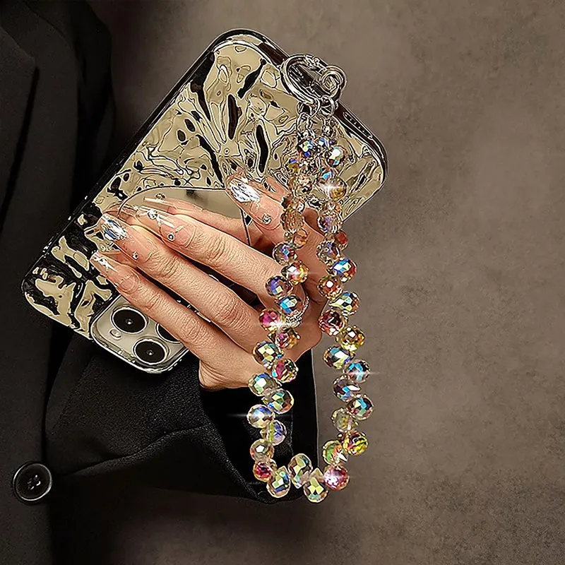 Cordino per telefono di lusso Catena sospesa in cristallo con goccia d'acqua Catena per cellulare colorata da polso corto con perline a mano per custodia per telefono da donna