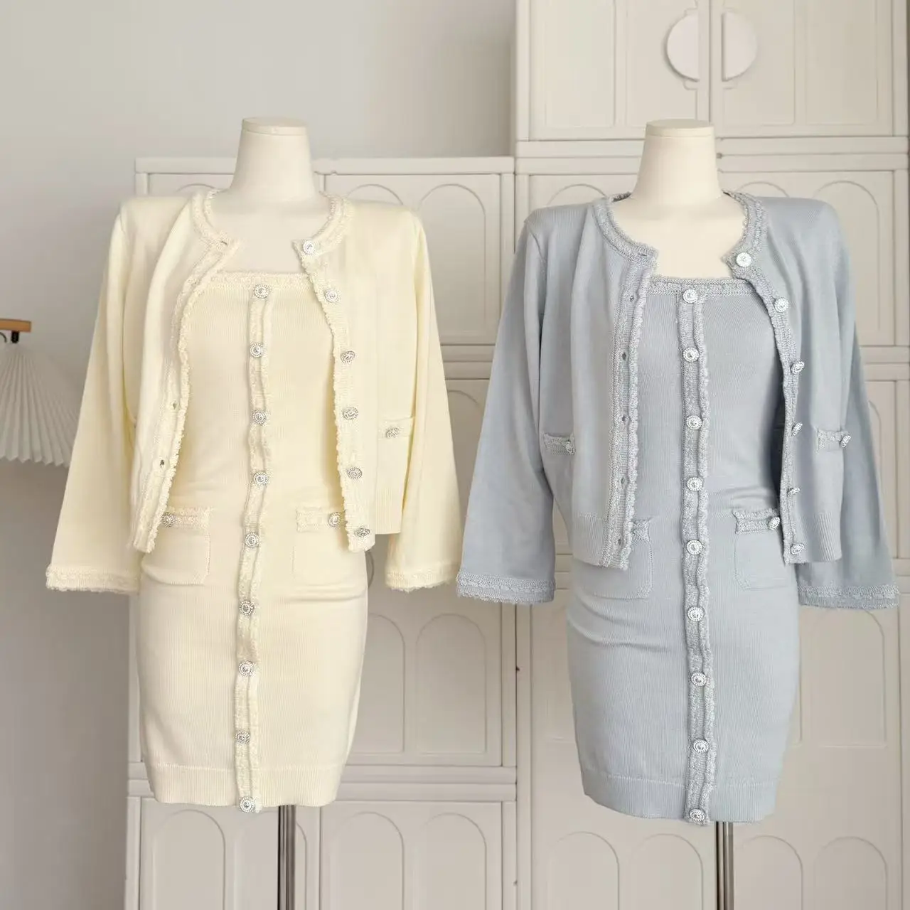 

Women's Elegant Two Pieces Knitted Dress Set Lady O Neck Long Sleeve Short Cardigan Outwear + Slim Sleeveless Mini Dress