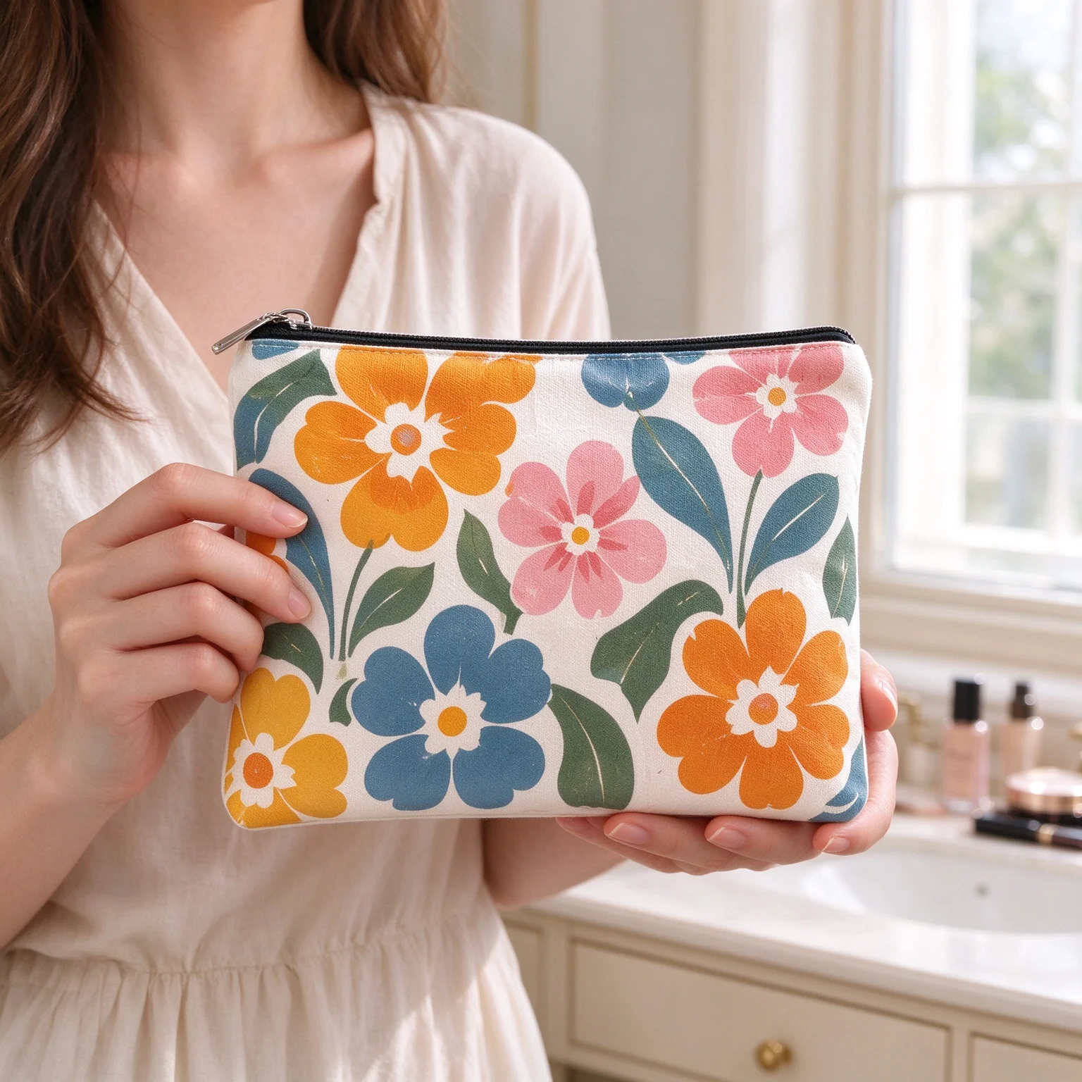 Blue Orange Pink Floral Canvas Cosmetic Bag Colorful Modern Botanical Print Travel Toiletry Pouch Makeup Organizer Bag for Women
