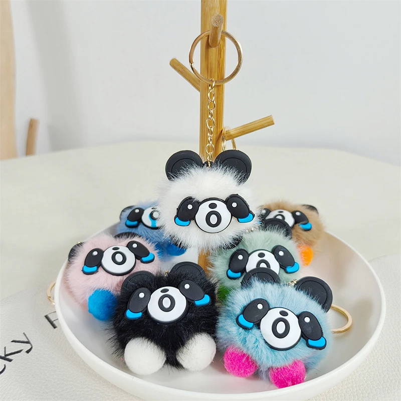 Creative New Cute Colored Panda Pendant Keychain Soft Cartoon Faux Fur Ball Keyring Car Key Chain Bag Pendant For Kids Gift