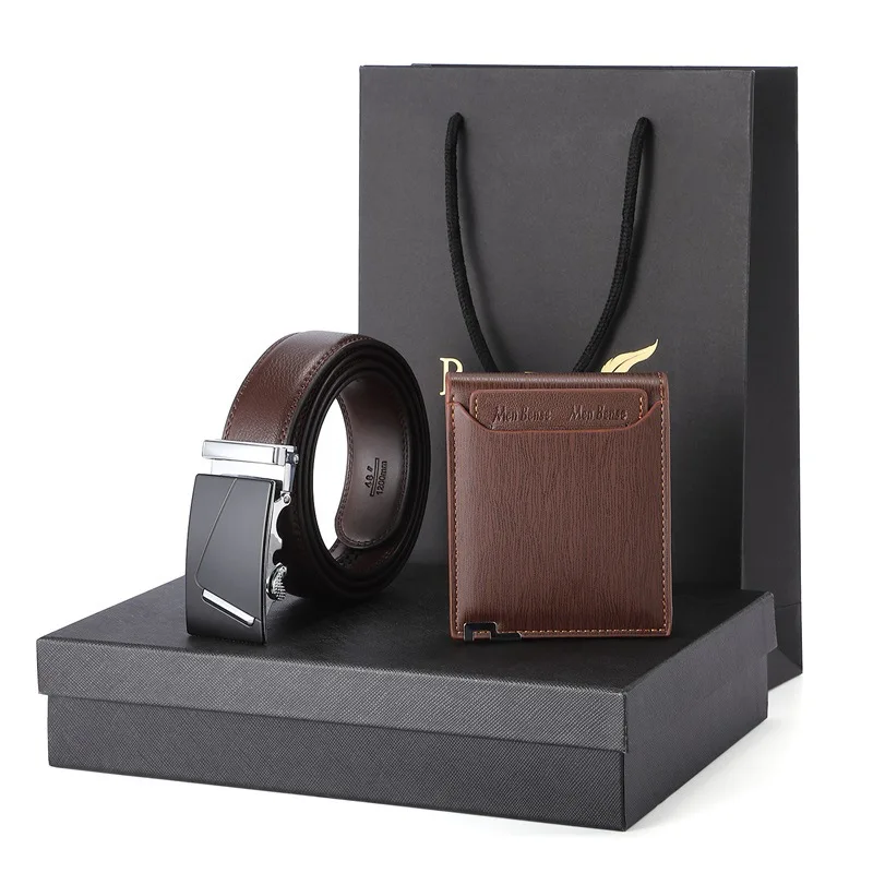 Genuine Leather Men's Wallet Belt Gift Set with Box Anniversary Birthday Gifts for Men Boyfriend Husband Son Dad Wallet Belt