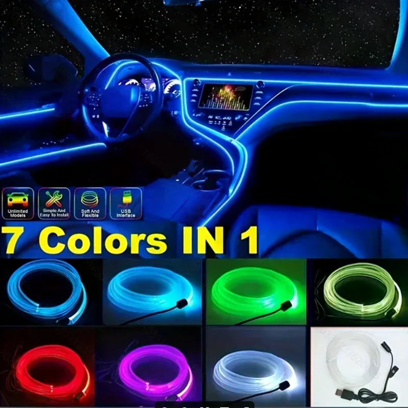 RGB Car Interior LED Light Strip Ambient Neon Invisible Light USB Fiber Optic Atmosphere Lamp Support Control Colorful