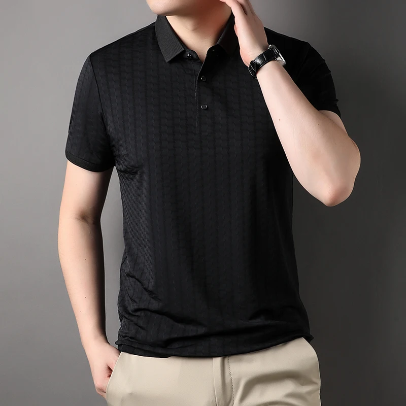 Men's Short-sleeved T-shirt Lapel Youth Summer New Jacquard Seamless Thin Clothing Casual All-match Male Tops Tee S6044