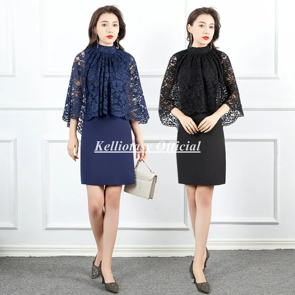 

Customized Ladies Sexy Cocktail Dresses Blue Color High Collar Charming Short Cocktail Party Dress With Lace Shawl YSM145