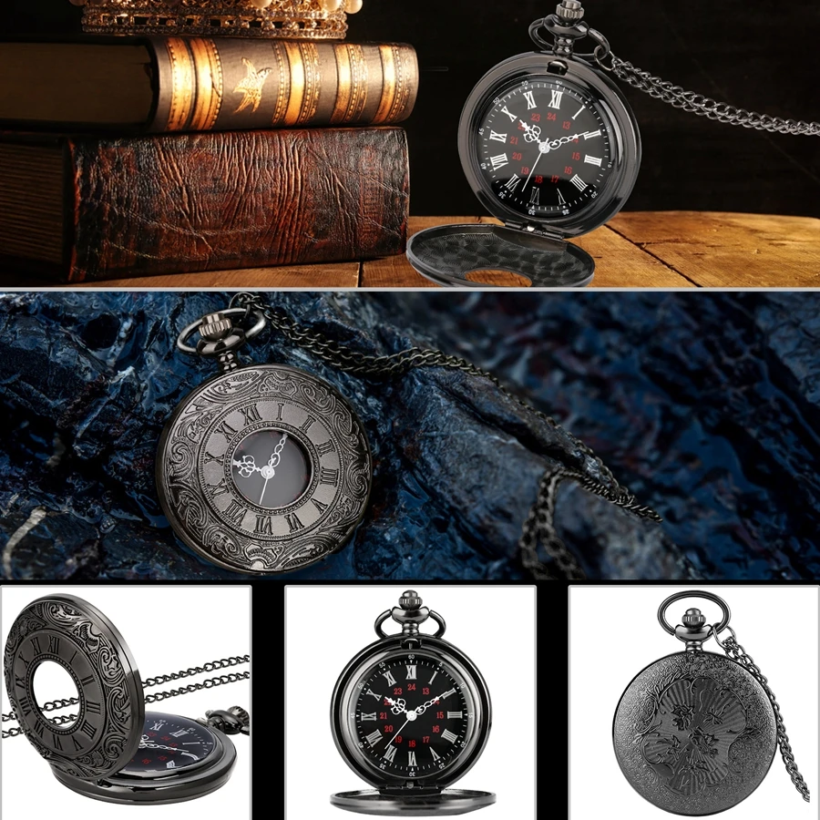 Czarne cyfry rzymskie zegarek kieszonkowy kwarcowy mężczyźni kobiety czarny puste etui Steampunk Vintage naszyjnik najlepsze prezenty dla kobiet mężczyzn