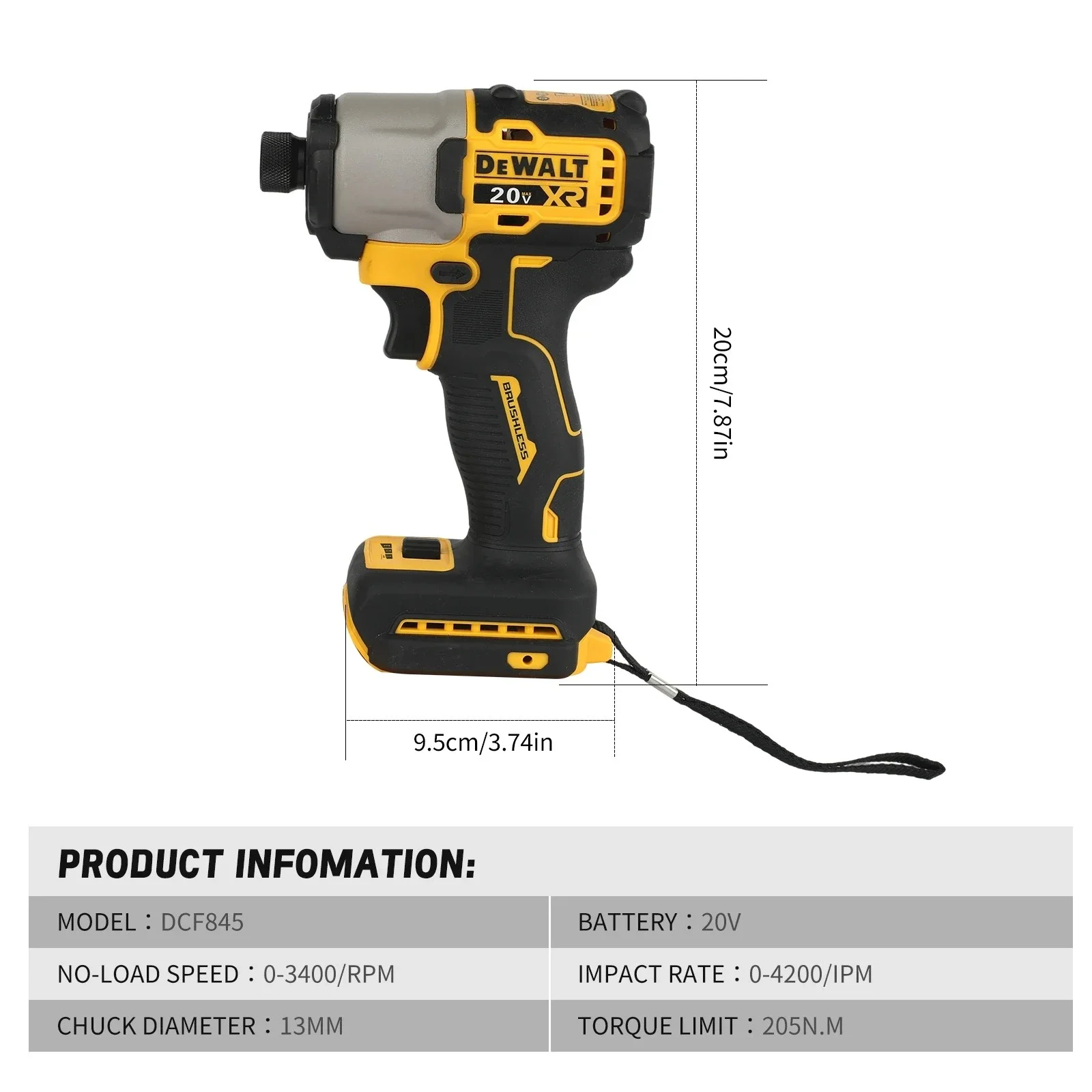 DEWALT Impact Electric Driver 20V Brushless Cordless screwdrivers 205N.m High Torque Power Tools Adjustable Speed DCF845 view 2
