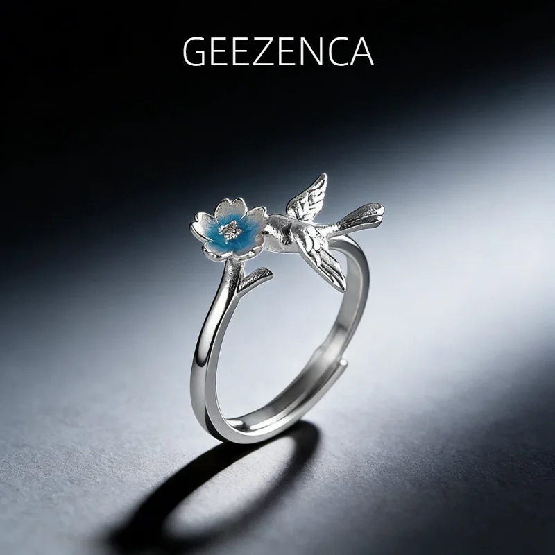 

Кольцо GEEZENCA 999 из чистого серебра с цветной эмалью, с изображением цветов и птиц, для женщин, модное, милое, изящное, легкое, открытое кольцо, подарок для нее