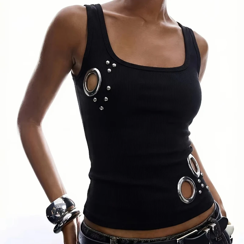 Y2k Retro Aesthetic Solid Color Punk Women's Vest Summer Fashion Street Installation Harajuku Rivet Hollow Design Casual Top