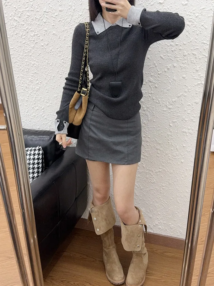 Color-Block Polo Collar Knitted Sweater For Women Autumn Winter Slim Inner Layer Knitwear