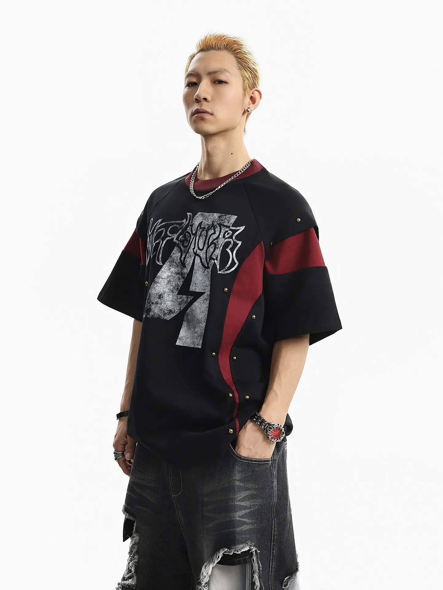 Summer New Men's American High Street Style Rivet Print Black Red Patchwork Loose Casual Round Neck Short Sleeve T-shirt