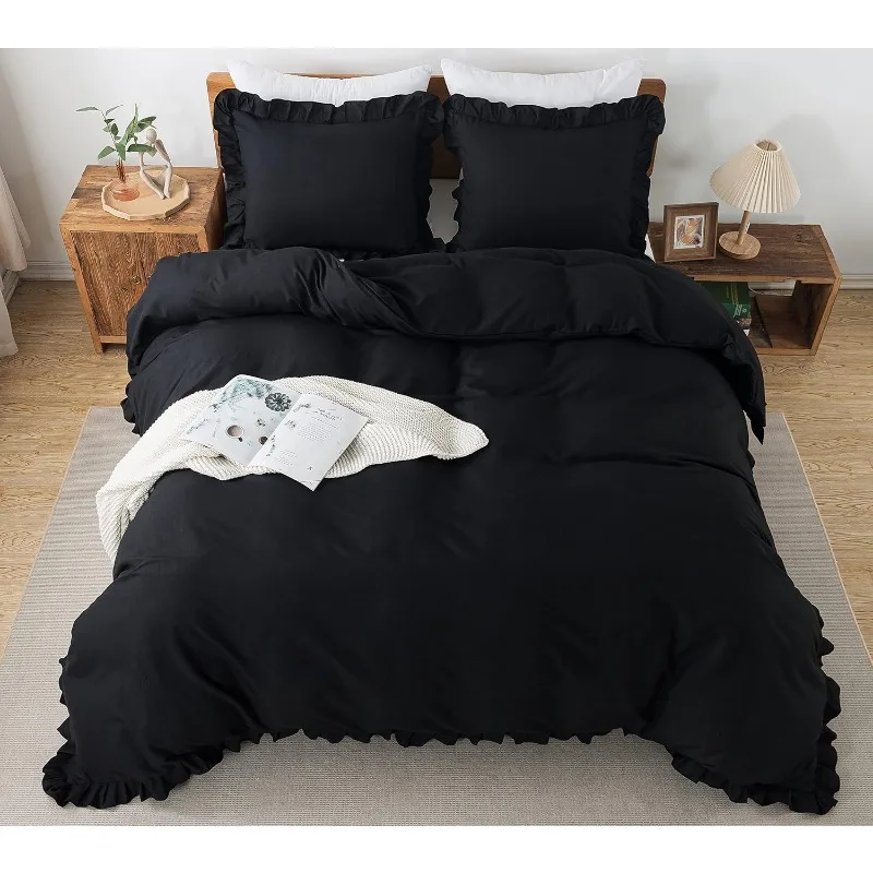 

Black Duvet Cover King Size(104x90Inch), 3 Pieces Ruffle Duvet Cover Set, Soft Microfiber Ruffled Farmhouse Duvet Cover