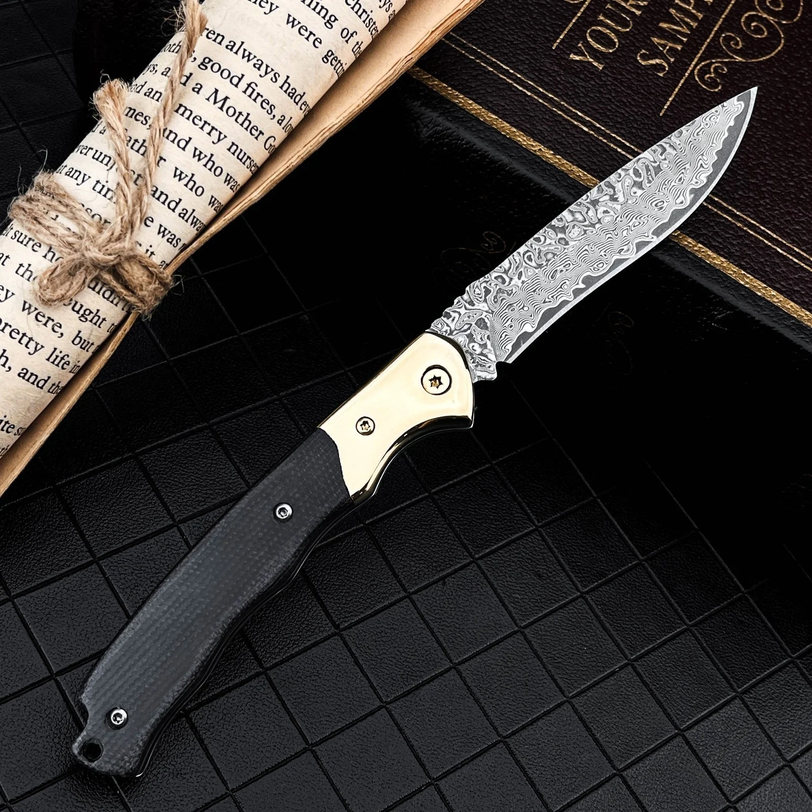 High Hardness Damascus Steel Camping Fishing Hiking Folding Knife Outdoor Activities Gear Micarta + Brass Handle Climbing Tools