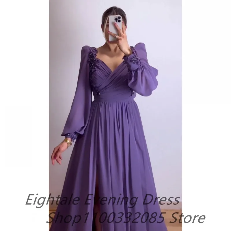 Eightale Customized Purple Chiffon Long Puff Sleeve A Line Arabic Evening Dress Applique Beaded Prom Gown Turkish Party Dresses