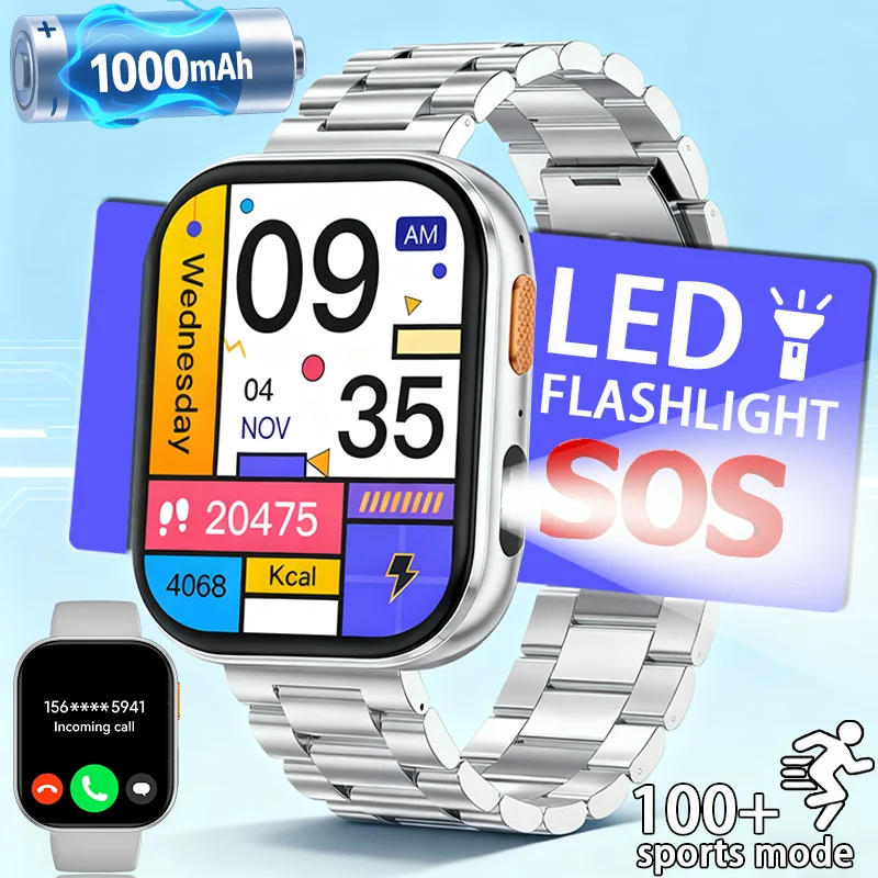 

2025New For Android and ios Smart Watch Men 2.04 inch HD Screen LED flashlight Heart Rate Bluetooth Calls SmartWatch Waterproof