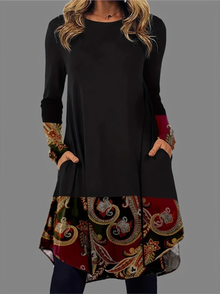 

Women's Comfortable Casual Printed Dress Spring And Autumn Retro Ethnic Style Pullover Loose Waist Long-sleeved Pocket Skirt