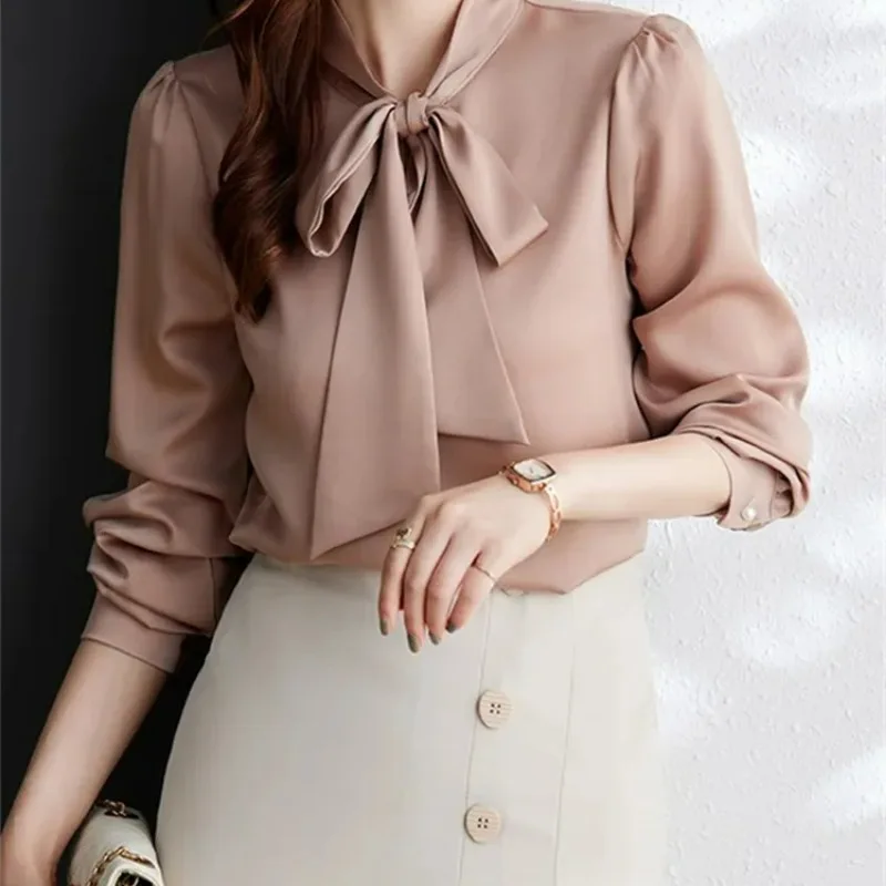 New 2024 Lace Up Blouse for Women New Fashion Office Ladies Long Sleeve Tops Vintage Casual Pullover Slim Cozy Chic Shirts