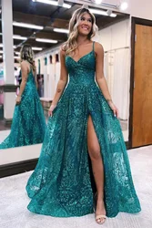 Customized Sparkly Tulle Prom Dress Sequined Spaghetti Straps V Neck High Slit A Line Formal Evening Dresses Vestido De Fiesta