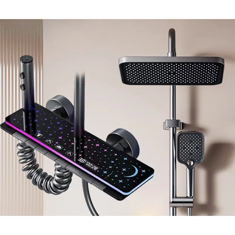 Conjunto de chuveiro de chuva de temperatura constante de alumínio espacial, luz ambiente com display digital doméstico, chuveiro pressurizado para banheiro, cruz