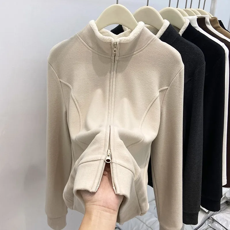 270g German Velvet Lamb Wool Spliced Stand Collar Brushed Long Sleeve T Shirt Double Zip Bottoming Top