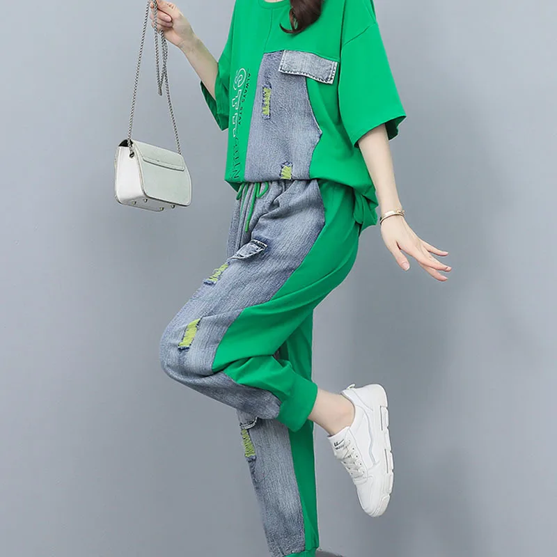 2023 Summer Women\'s Fashion Casual Short Sleeve T Shirts + Jeans Denim Two piece Set Tracksuits