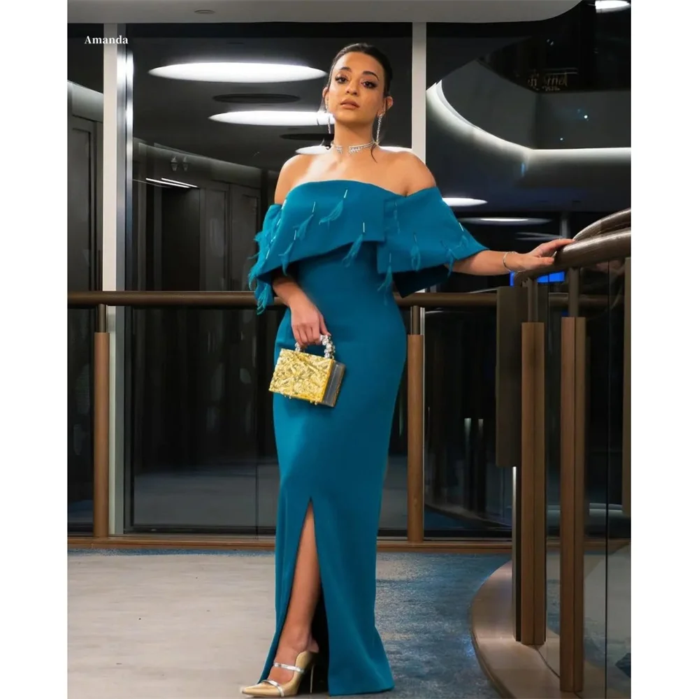 

Amanda Customized Off Shoulder Side Split Feathers Prom Dresses Floor-Length vestidos de noche Sleeveless Formal Evening