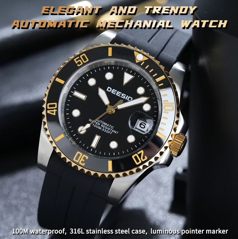 DEESIO Men's Luxury Full Automatic Mechanical Watch, Black-Golden Dial, Luminous Self-Winding, Date Calendar, High-Hardness Mineral Glass, Soft Silicone Rubber SweatproofStrap,Upgrade 100M Water Resistant, Business Casual Sport Analog Round Gift for Men
