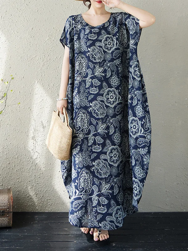 

Retro Loose round Neck Cotton Linen Print Shoulder Sleeveless Dress Women Batwing Sleeve Long Skirt Citywalk Summer Dress