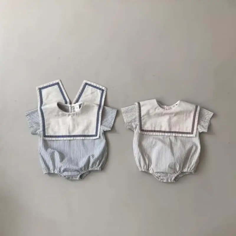 

2026 Summer New Baby Short Sleeve Bodysuit Cotton Infant Boy Girl Sailor Collar Striped Jumpsuit Thin Toddler Clothes 0-24M
