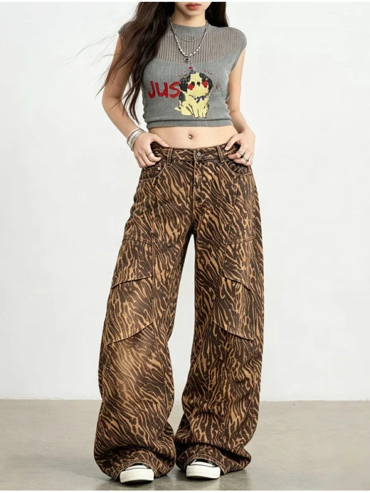 American Retro Leopard Tiger Street Pleated Knife Work Pants Loose Straight Leg Wide Leg Casual Jeans for Men And Women