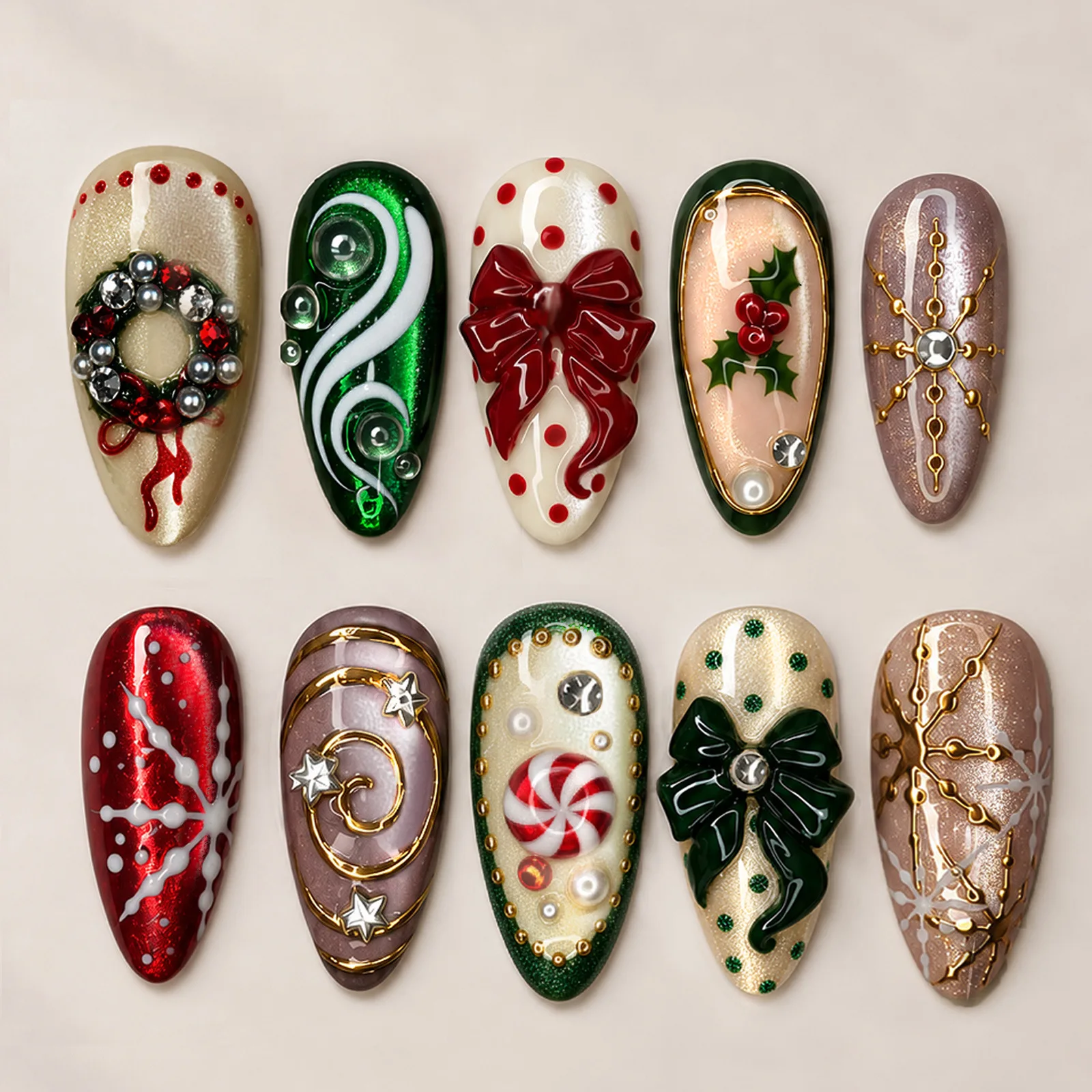 24Pcs Christmas Gilded Snowflake Press on Nails 3D Bow Candy Diamond Fingernail Polka Dot Cat's Eye Wearable Stick on Fake Nails