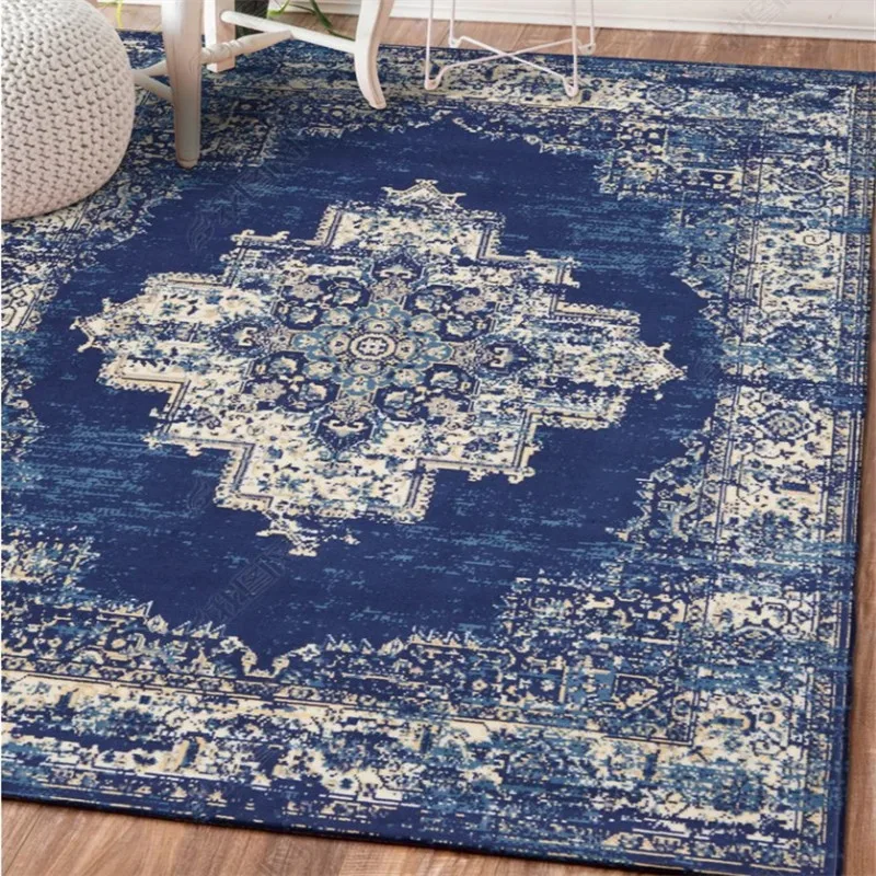 Dark Blue Carpets For Living Room Sofa Coffee Table Floor Mat Retro Ethnic Persian Rugs Bedroom American European Court Carpet