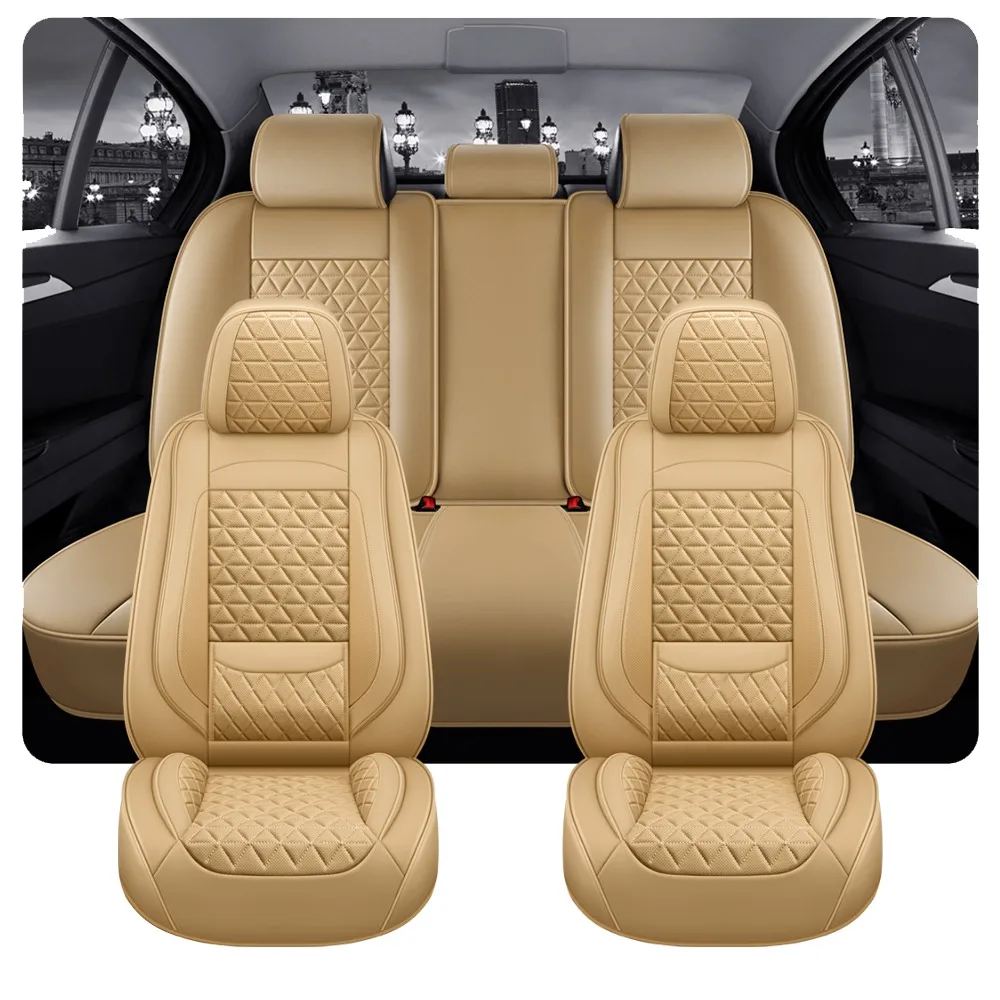 Luxury Nappa Leather Car Seat Covers with 3D Diamond Stitching, Enhanced Lumbar Support, 360° Full Protection, Dual Side Wings