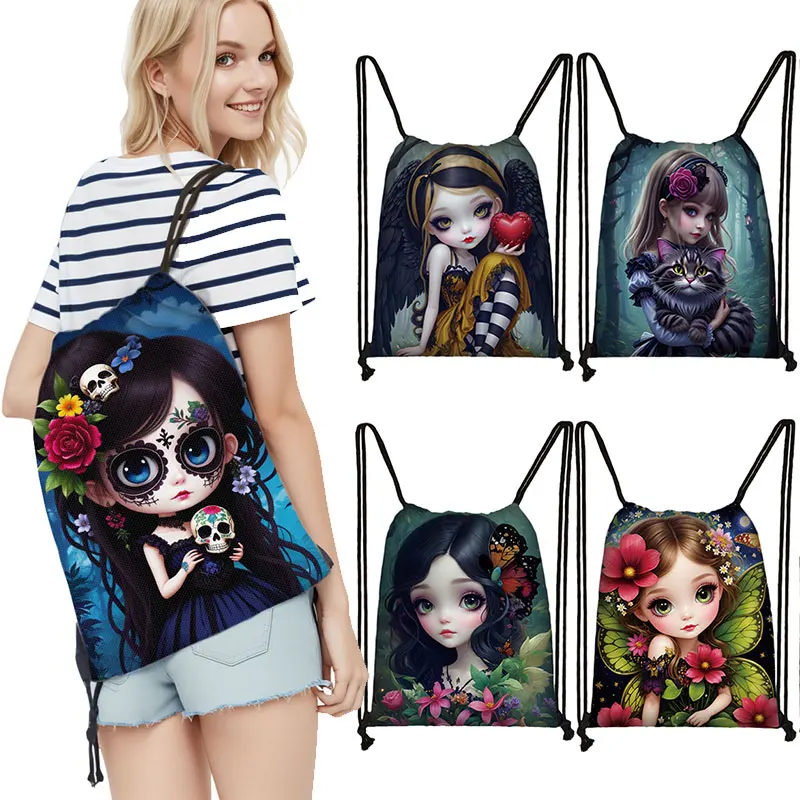 Gothic Cartoon Girl Backpack Women Drawstring Bag Girl Shoulder Bags for Travel Ladies Portable Storage Bag Shoes Holder