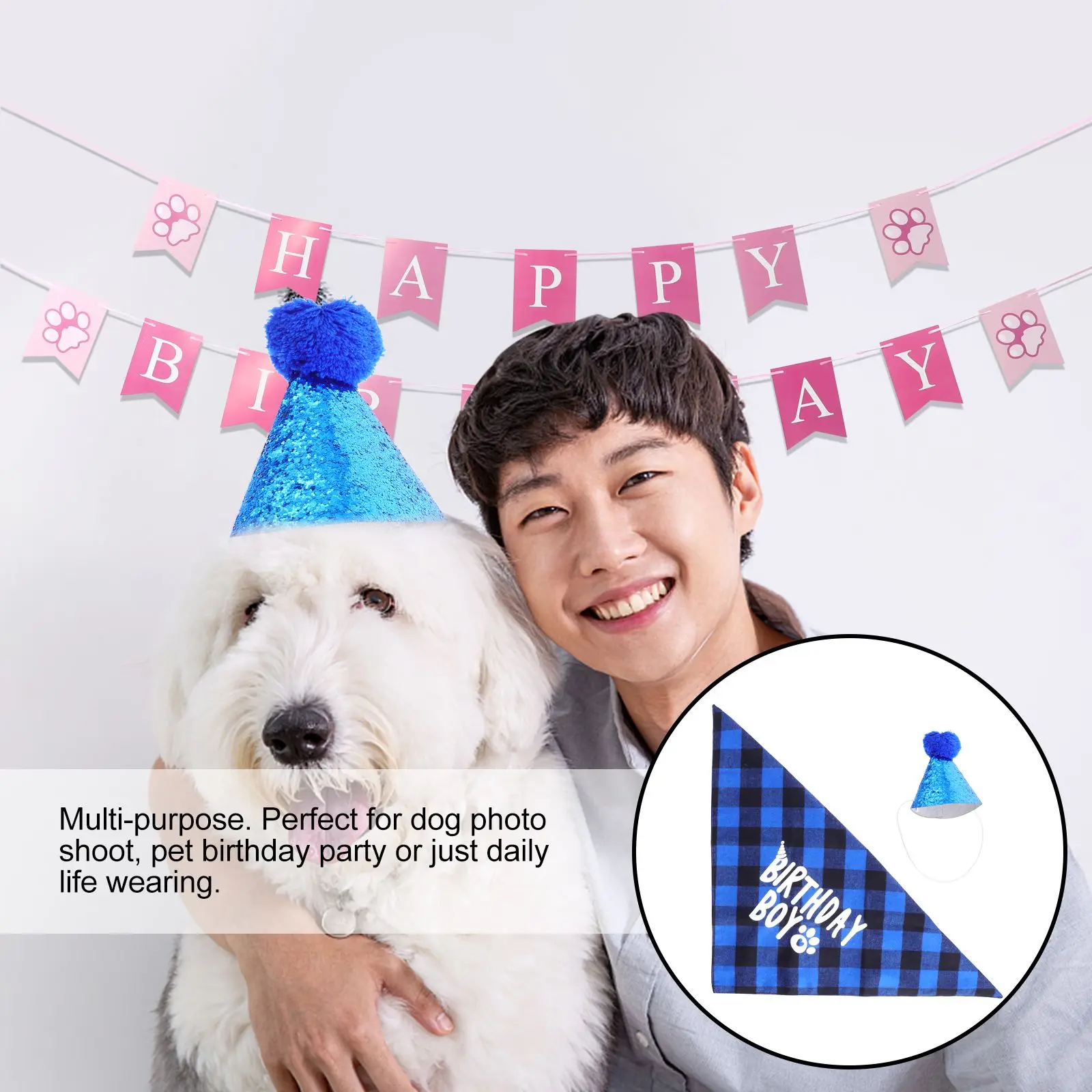

Lovely Pet Dog Birthday Party Costume Set Hat Bandana Durable Washable Comfortable Lattice Design Long Lasting High Quality Dog