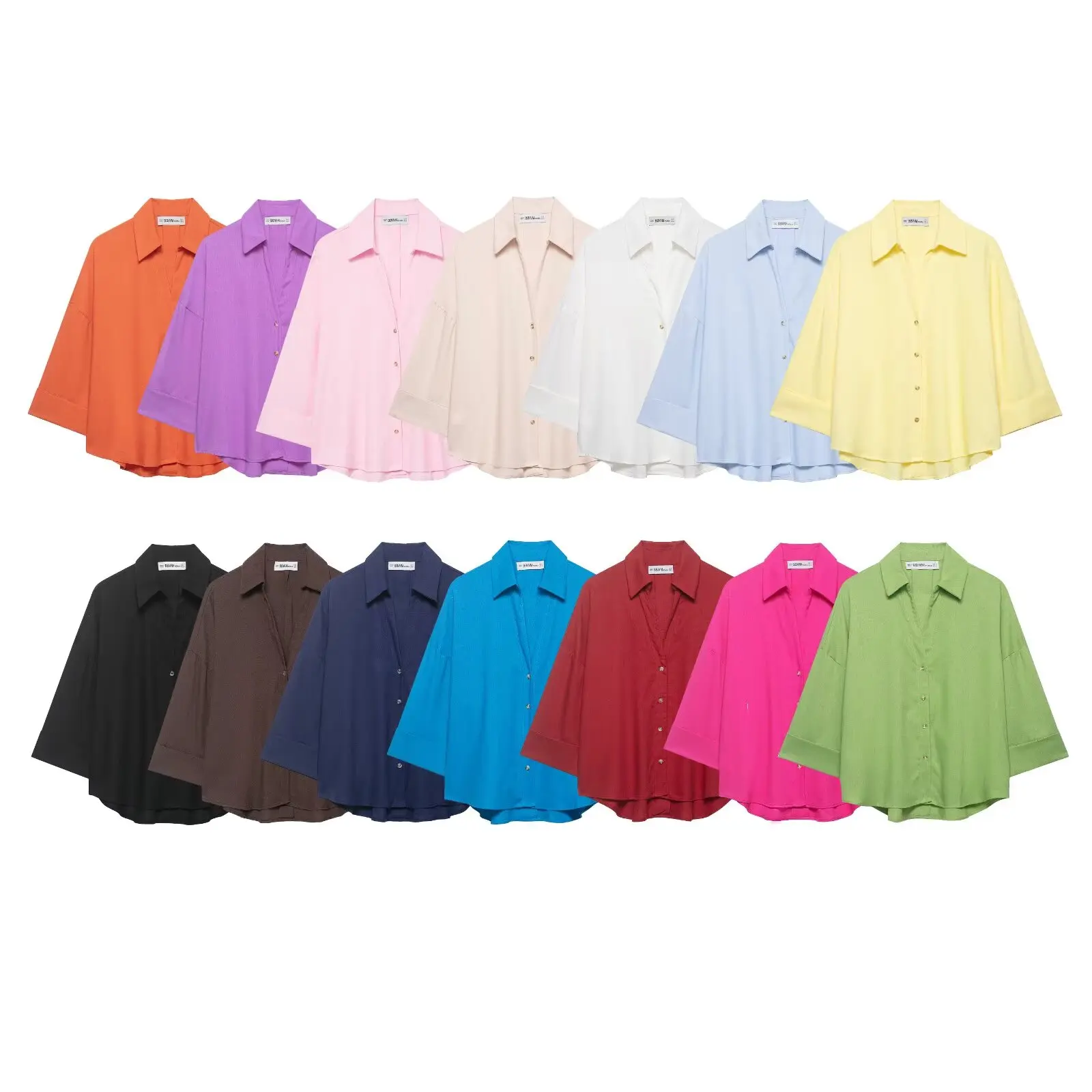 DUOPERI Women Basic Loose Shirt Lapel Collar Short Sleeves Female Chic Lady Casual Versatile Tops Blouse