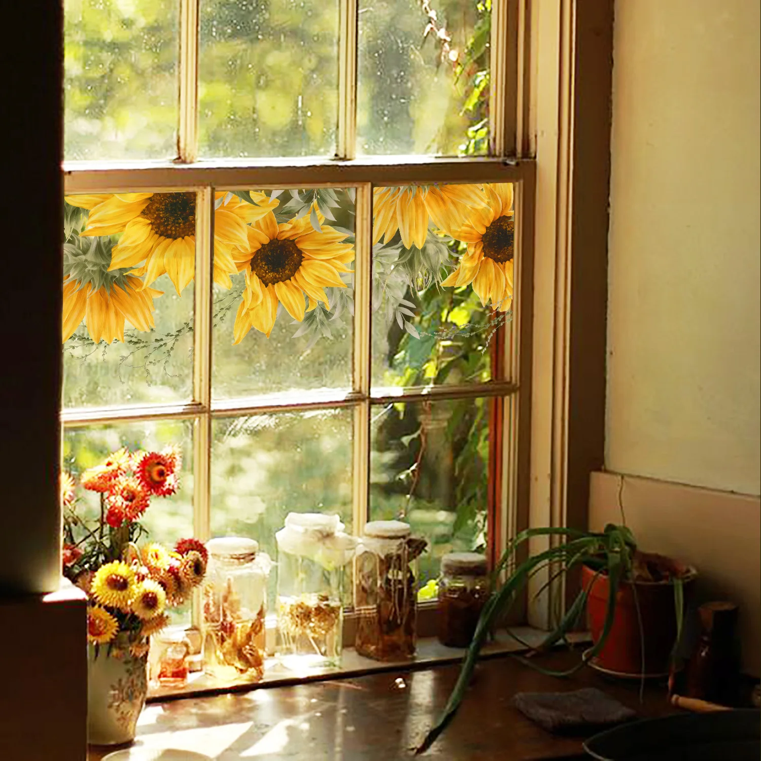 عباد الشمس نافذة ملصق فيلم ذاتية اللصق بولي كلوريد الفينيل ثابت نافذة لاصق غراء ثابت تتشبث الزجاج ملصق مائي إطار الباب الديكور