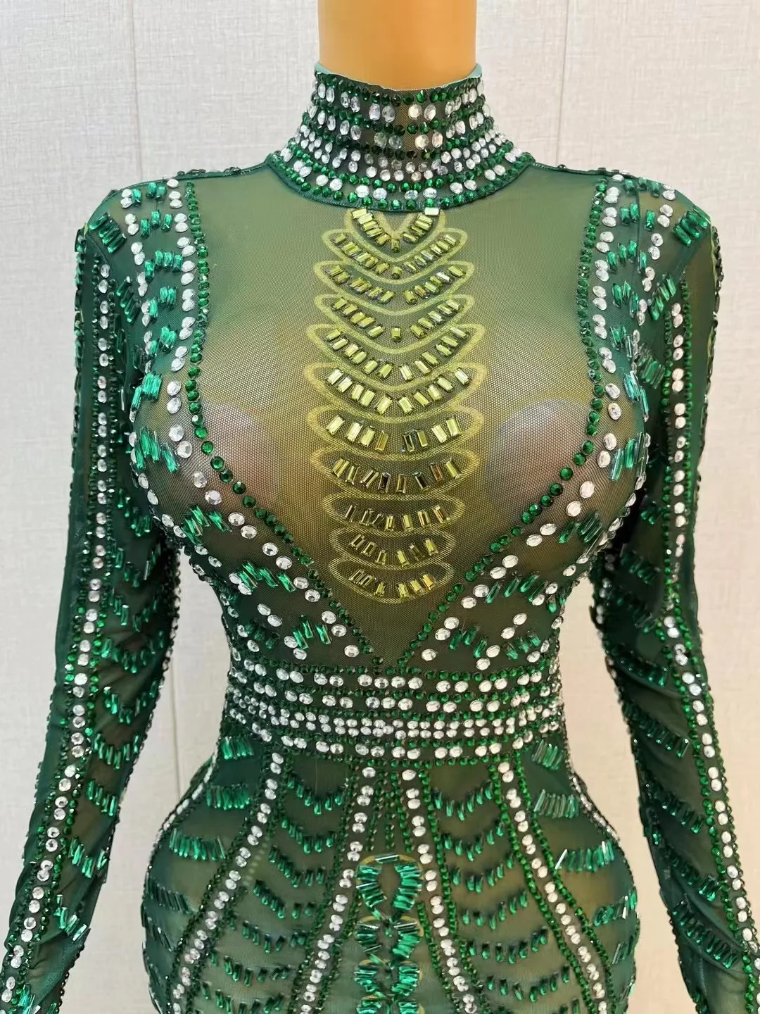 Sexy Stage Green strass maniche lunghe abito cristalli trasparenti Outfit Nightclub compleanno Dance Party Gowns collezioni