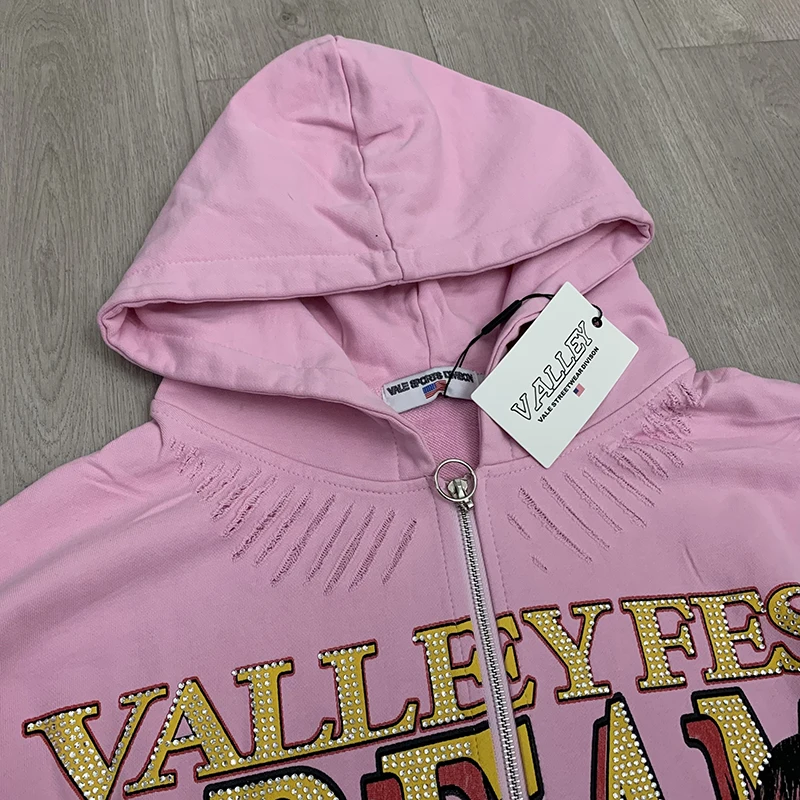 Sudaderas con capucha VALE de gran tamaño y buena calidad para hombre, chaquetas con cremallera con estampado de retrato de mujer de algodón puro con logotipo de diamante caliente, color rosa