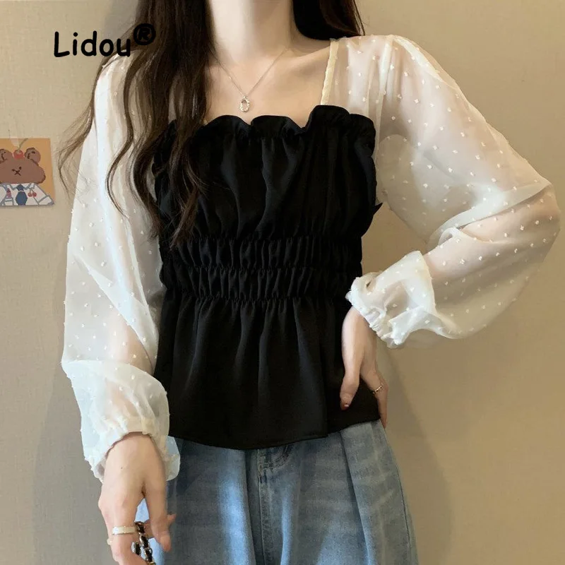 Classic Color Matching Fashion Net Penetration Ruffles Blouse Women New Long Sleeve Slash Neck Slim Korean All--match Lady Shirt