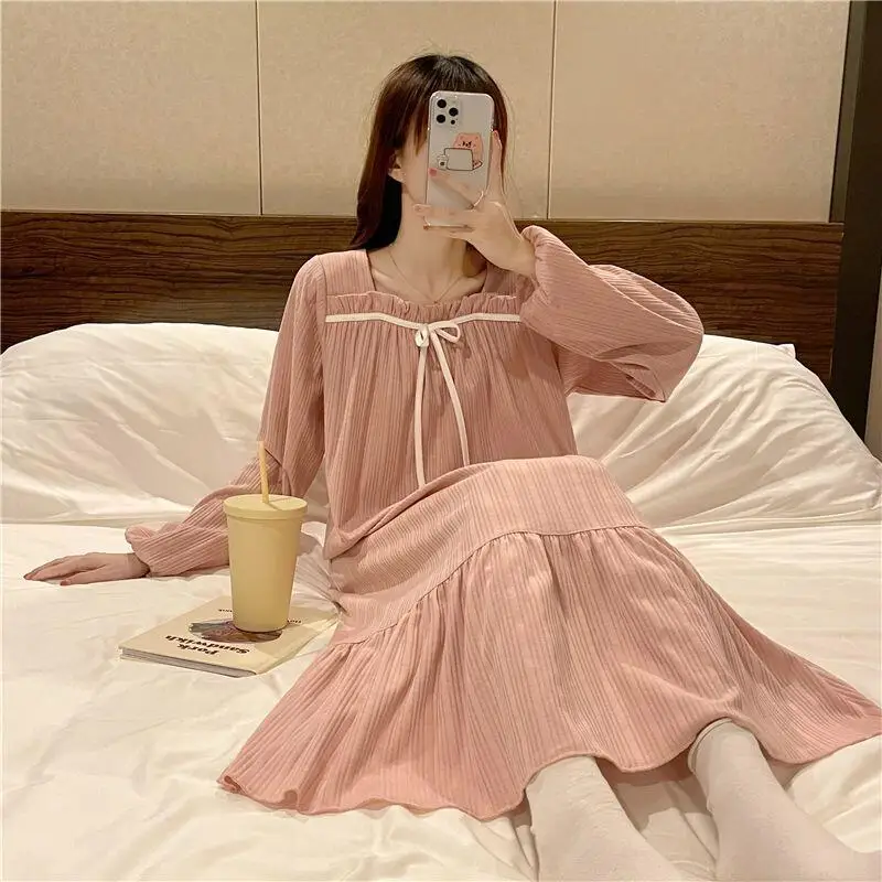 

Female Women's Sleep Dress Spring Autumn Long Sleeves Nightgowns Pajamas Slash Neck Nightdress Home Clothes Princess Style Dress