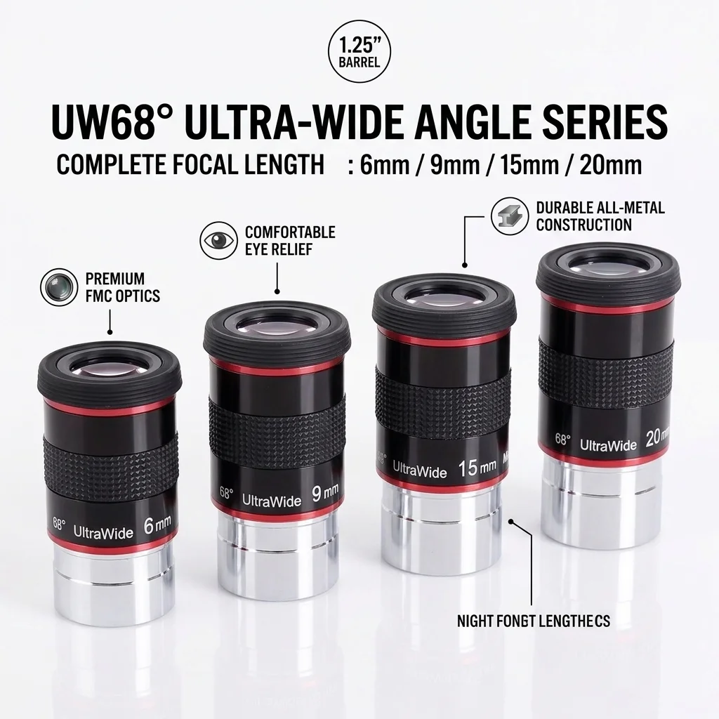 Ocular de Ângulo Ultra Amplo de 68 Graus 1.25" 6mm 9mm 15mm 20mm Lente Totalmente Multirrevestida para Acessórios de Telescópio Astronômico