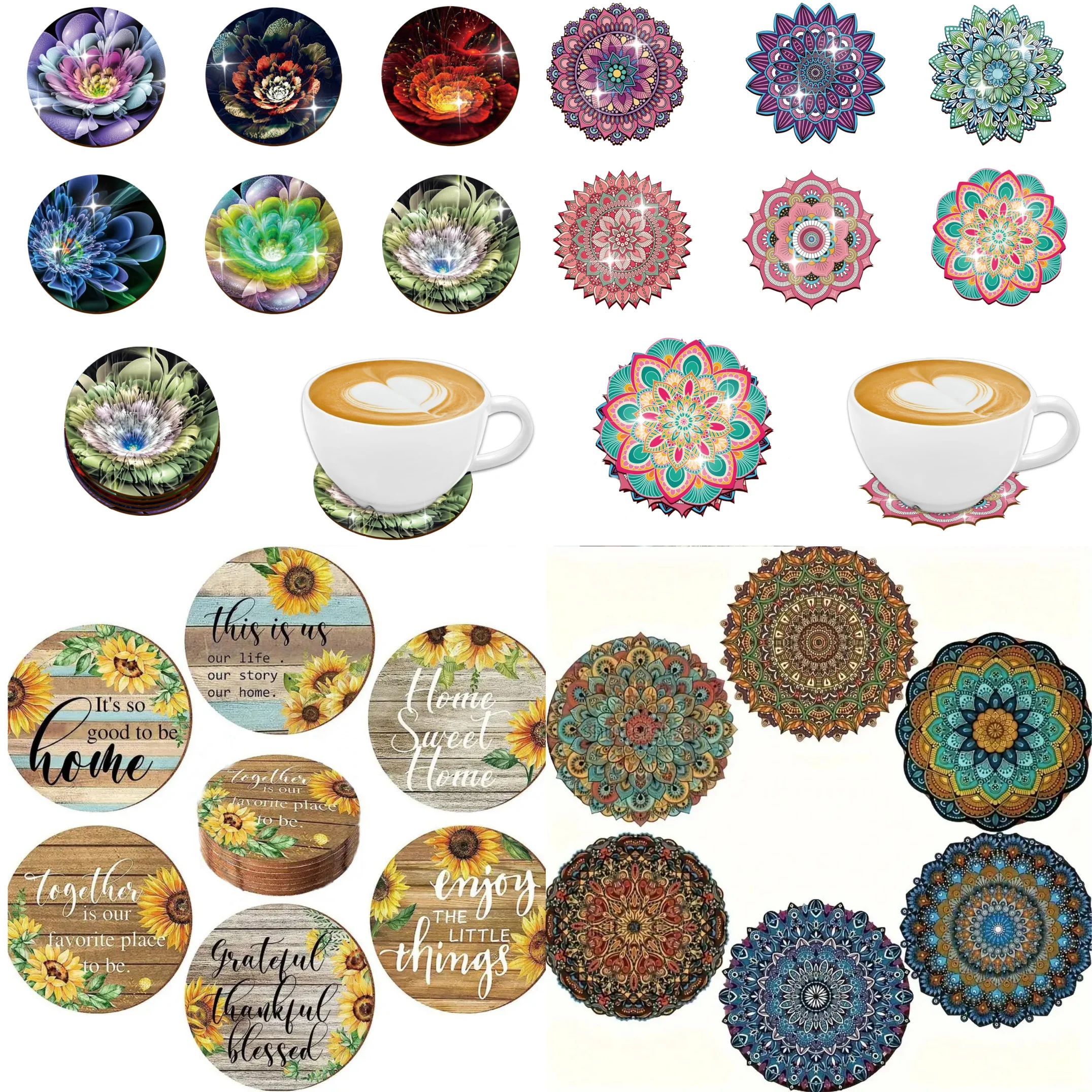 

6 piece set Beautiful floral design wooden coaster - Heat-resistant decorative drink mat for coffee, tea, etc. - Perfect for hom