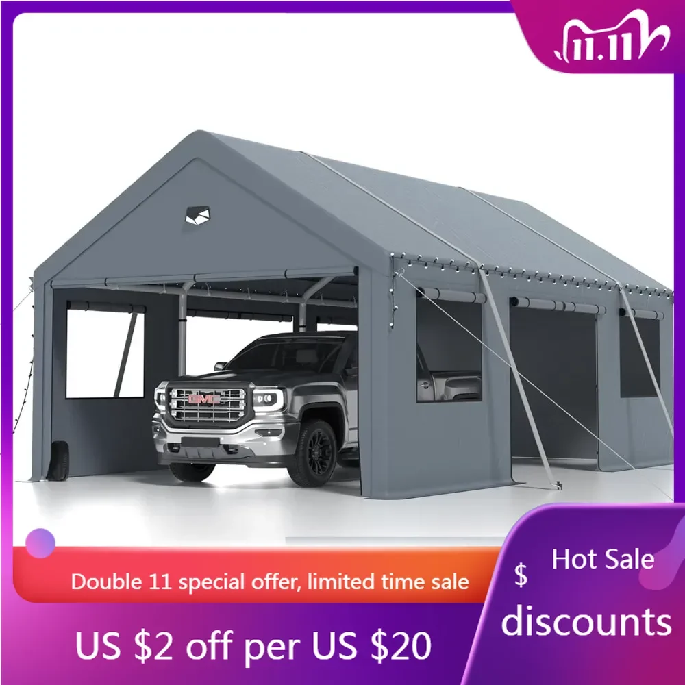 

Carports 13X20 Heavy Duty, портативный автомобильный порт для гаража, навес для автомобиля с боковыми дверями, наружное автомобильное укрытие для всех погодов