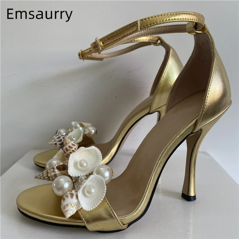 Beaded Crystal Shell-Flower Modern Sandals Women 10cm Stiletto Heel Genuine Leather One-Strap Summer Shoes For Girls