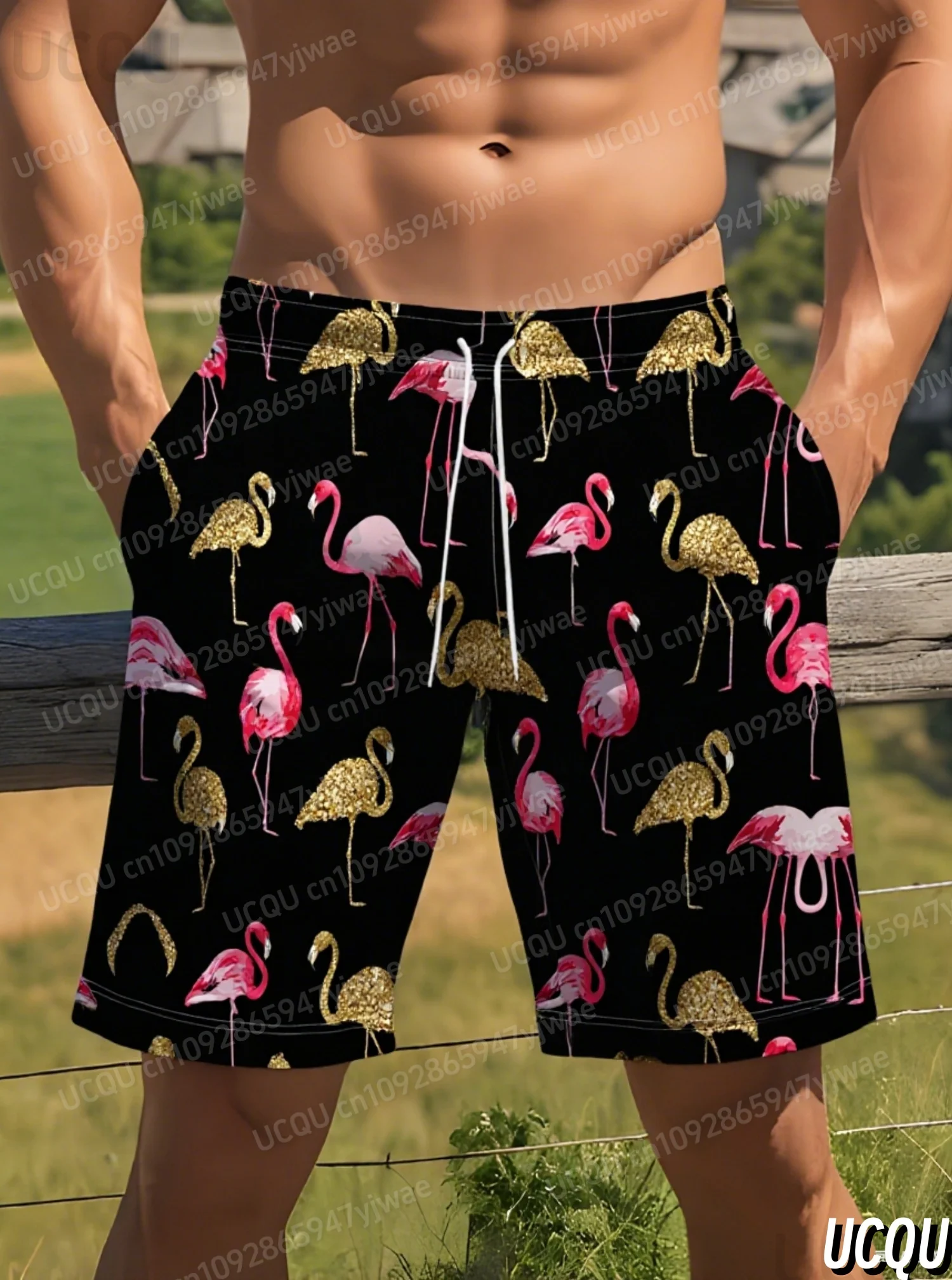 

Летние мужские шорты розового и золото с пылающим принтом, плавки для отпуска, эластичные быстросохнущие гавайские пляжные шорты на шнурке, мужская одежда