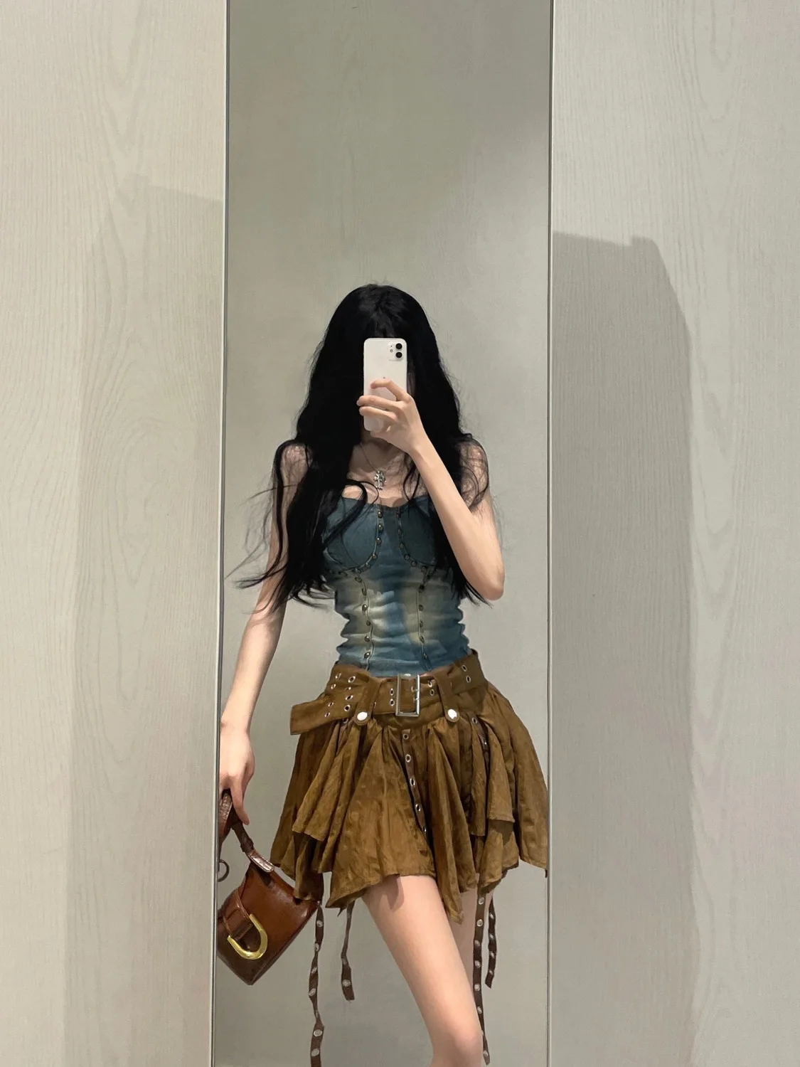 New Style Fashion Heavy Slim Fit Denim Camisole Vest High Waist Irregular Ruched Skirts 2024 Spring New Two Piece Sets