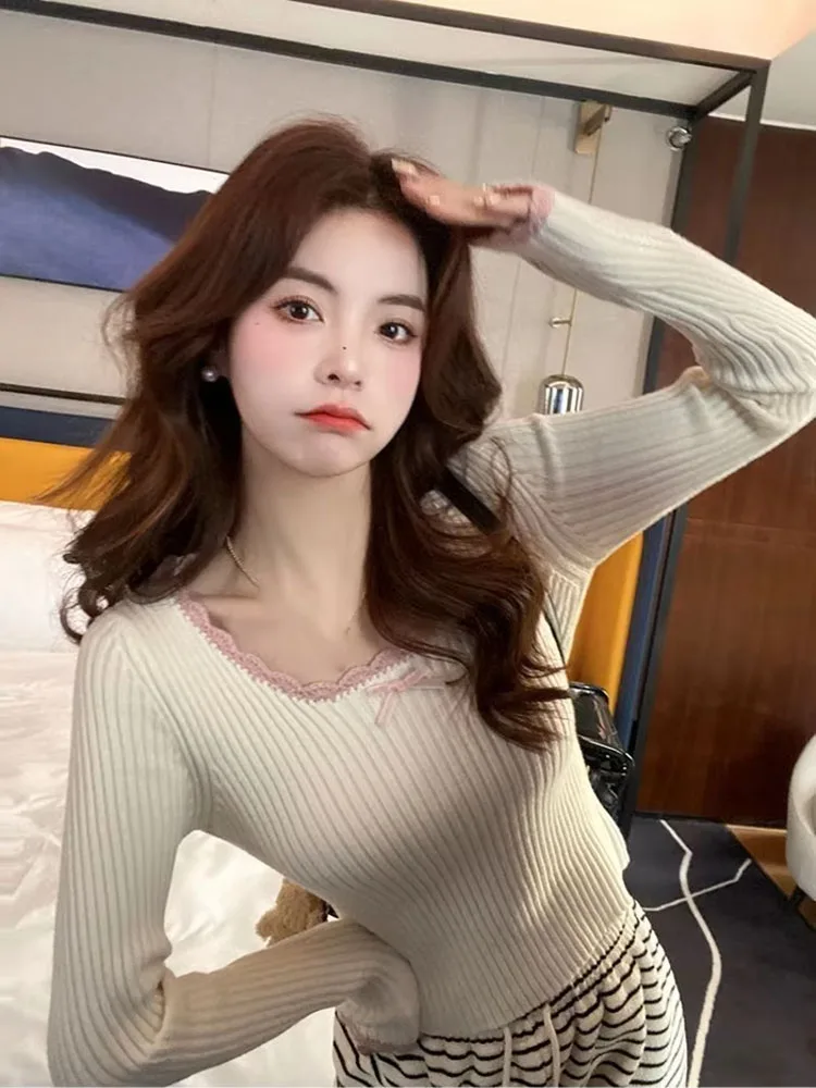 Women Korean Style Knit Top Cropped Slim Fit Ribbed Two Tone Sweaters Sweet Sexy Y2k Fall Autumn Long Sleeve Bow Trim Pull Femme